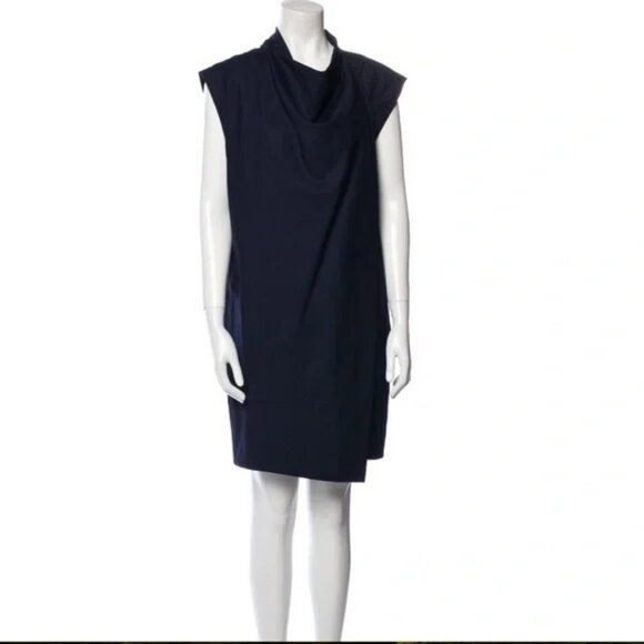 LA LIGNE Wool Cowl Neck Draped Tailored Shift Dress In Navy NWT Sz S made in USA - Picture 11 of 13